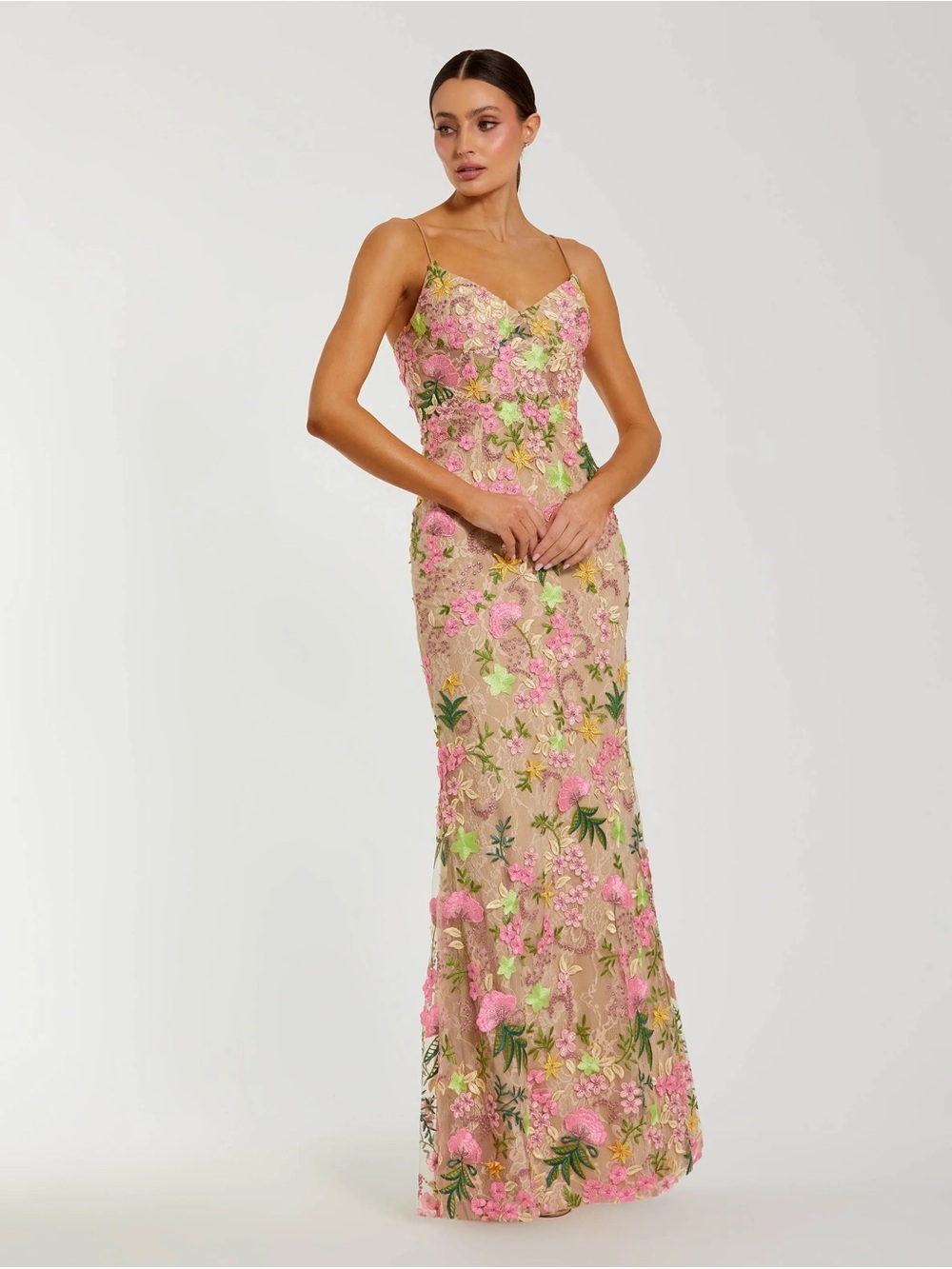 Mac Duggal Beige Multi Floral Rhinestone Embroidered Column Gown